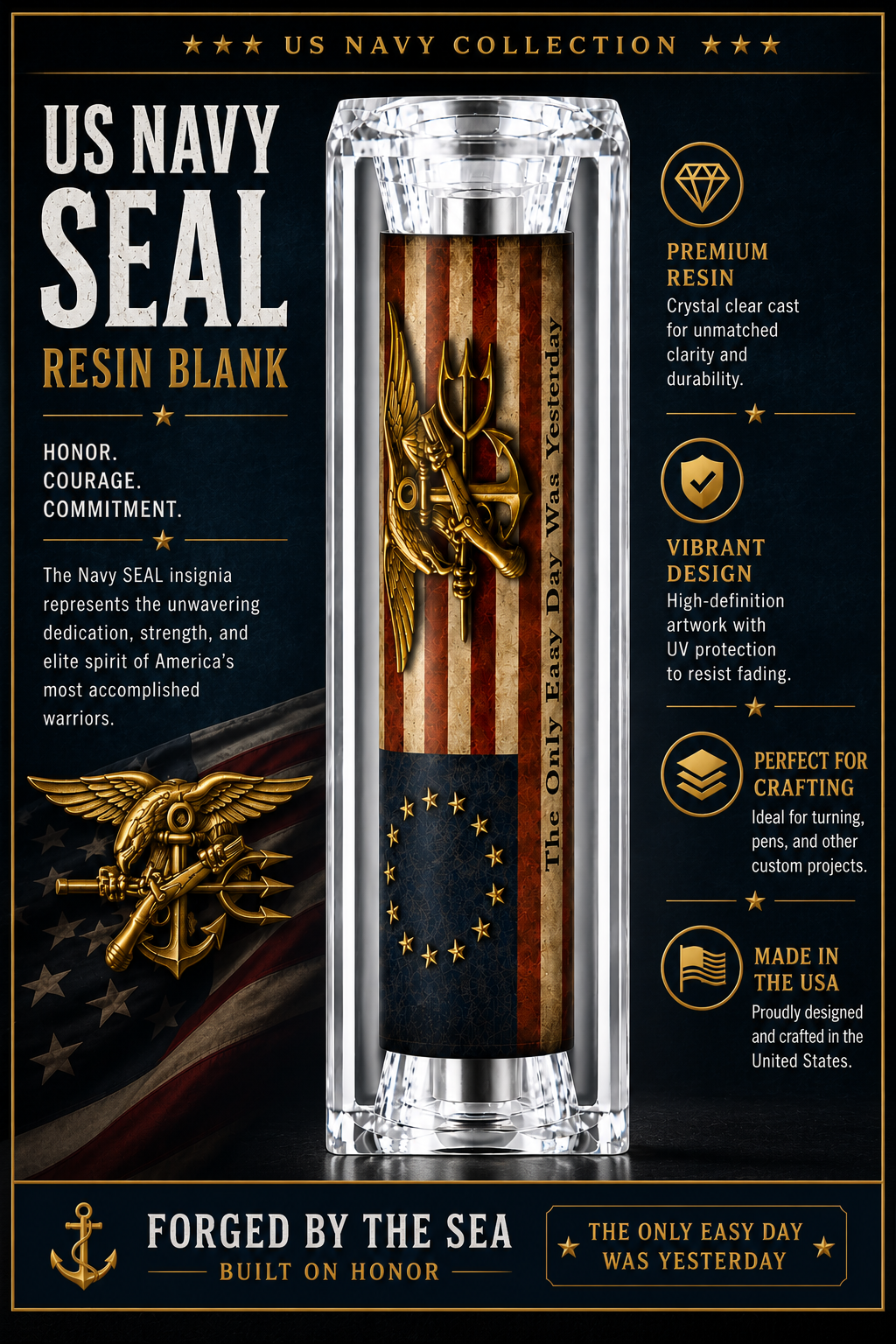 US Navy SEAL Grunge Flag resin pen blank hero card with SEAL Insignia design
