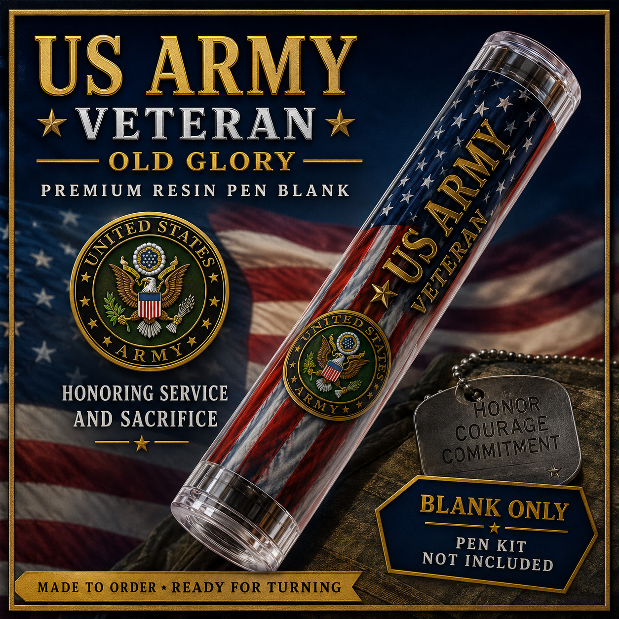 US Army Veteran Old Glory premium resin pen blank hero card honoring military service