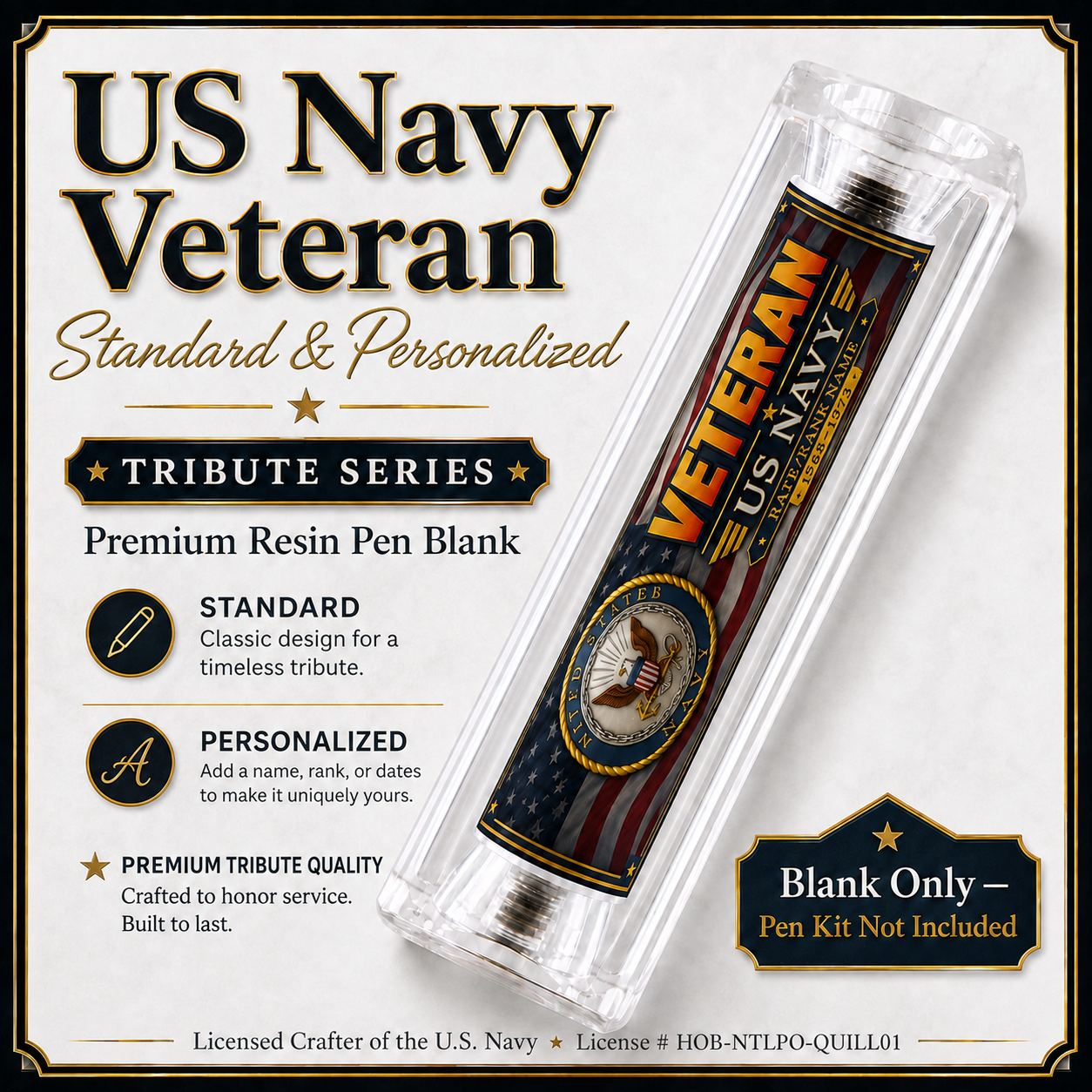 US Navy Veteran Tribute Series resin pen blank hero card showing Standard and Personalized options with Old Glory design and U.S. Navy emblem