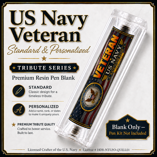 US Navy Veteran Tribute Series resin pen blank hero card showing Standard and Personalized options with Old Glory design and U.S. Navy emblem