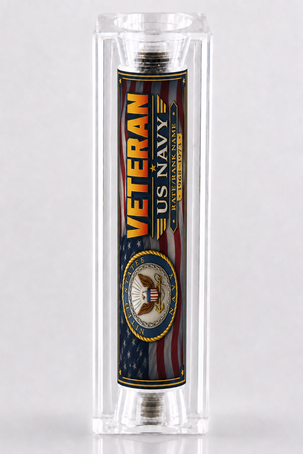 Personalized US Navy Veteran Old Glory resin pen blank with rate or rank, name, and years of service