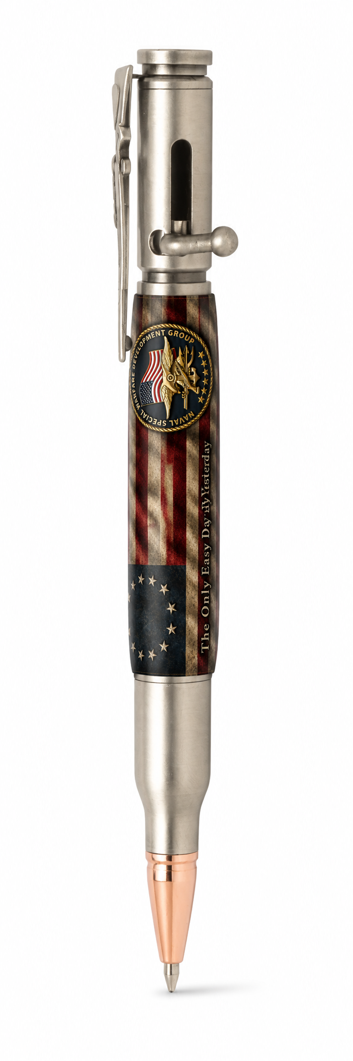 Bolt Action pen mockup with US Navy NSWDG Emblem grunge flag barrel design