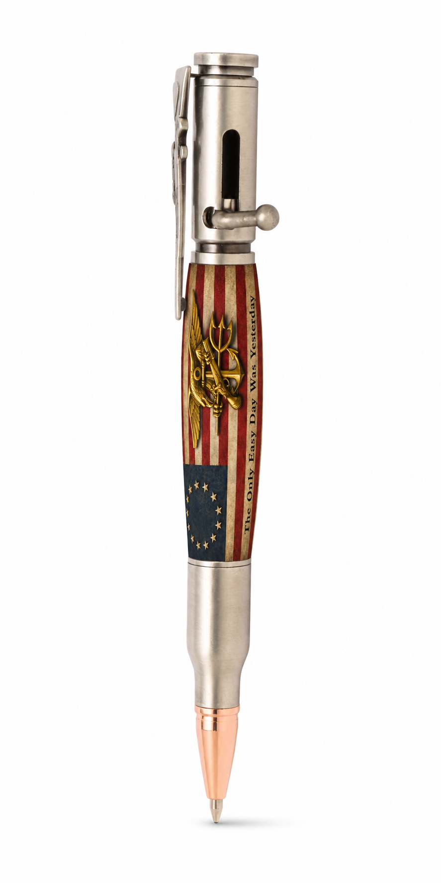 Bolt Action pen mockup with US Navy SEAL Insignia grunge flag barrel design