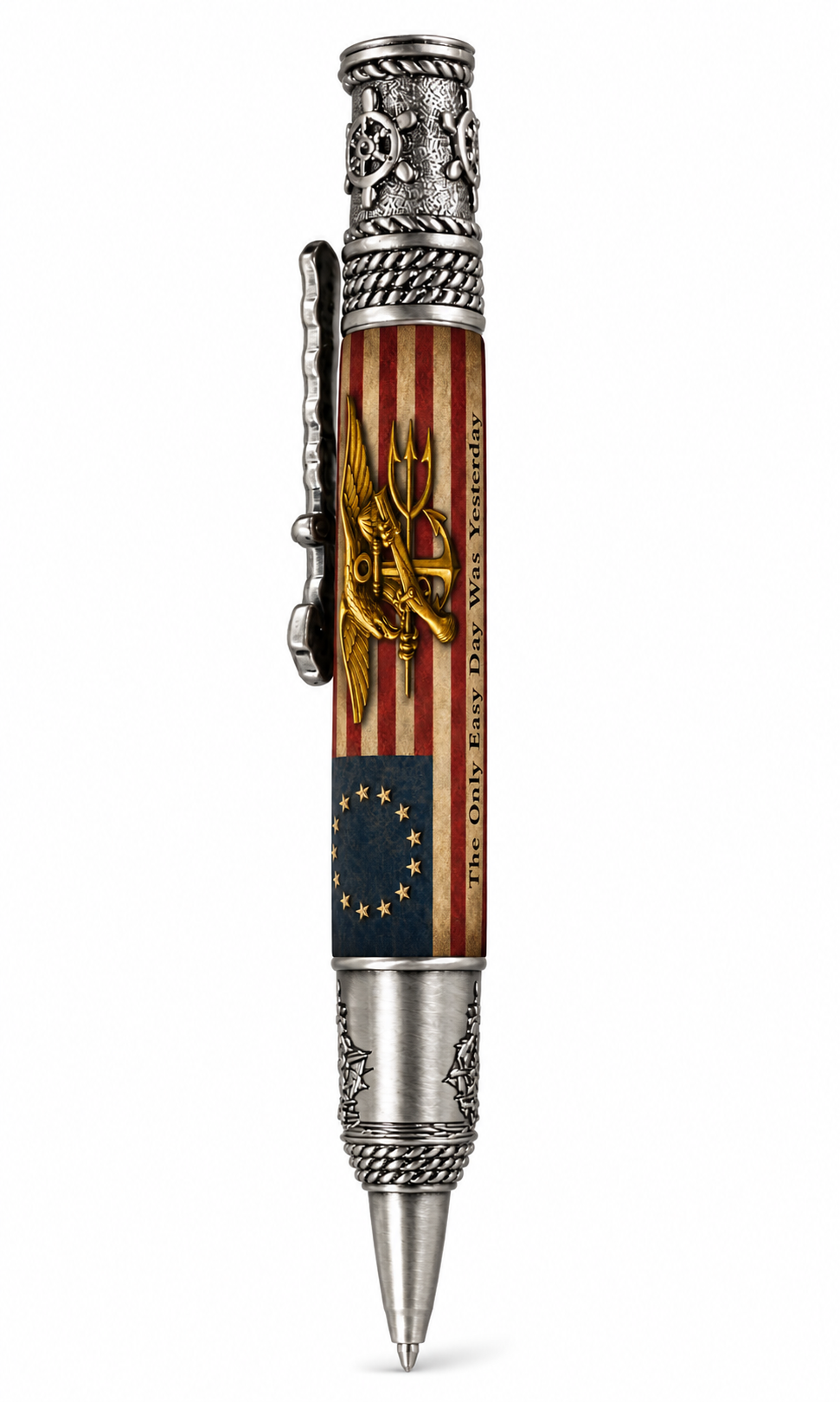 PSI Nautical pen mockup with US Navy SEAL Insignia grunge flag barrel design