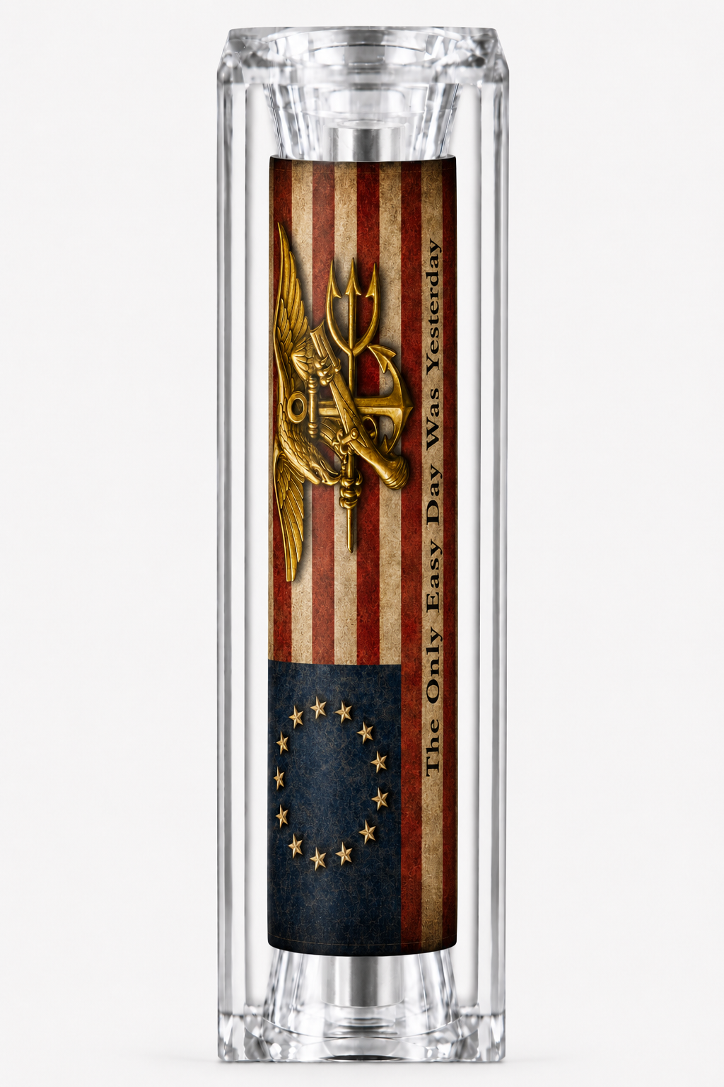 US Navy SEAL Insignia artwork with Betsy Ross grunge flag and The Only Easy Day Was Yesterday motto