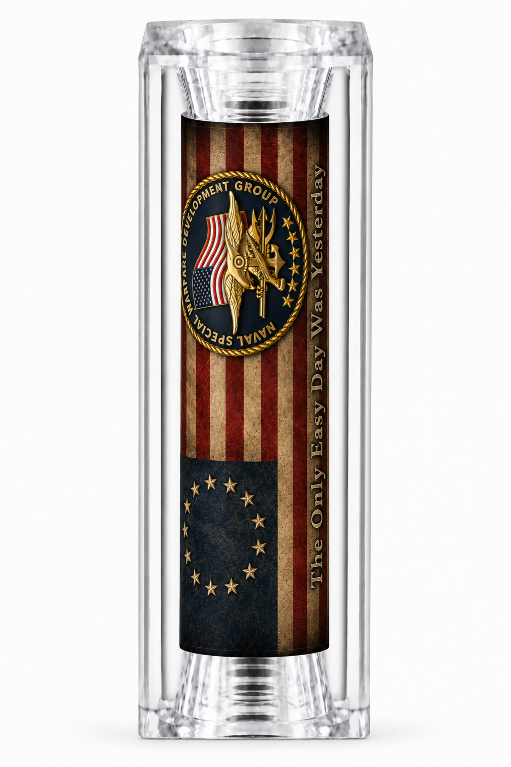 US Navy NSWDG Emblem artwork with Betsy Ross grunge flag and The Only Easy Day Was Yesterday motto