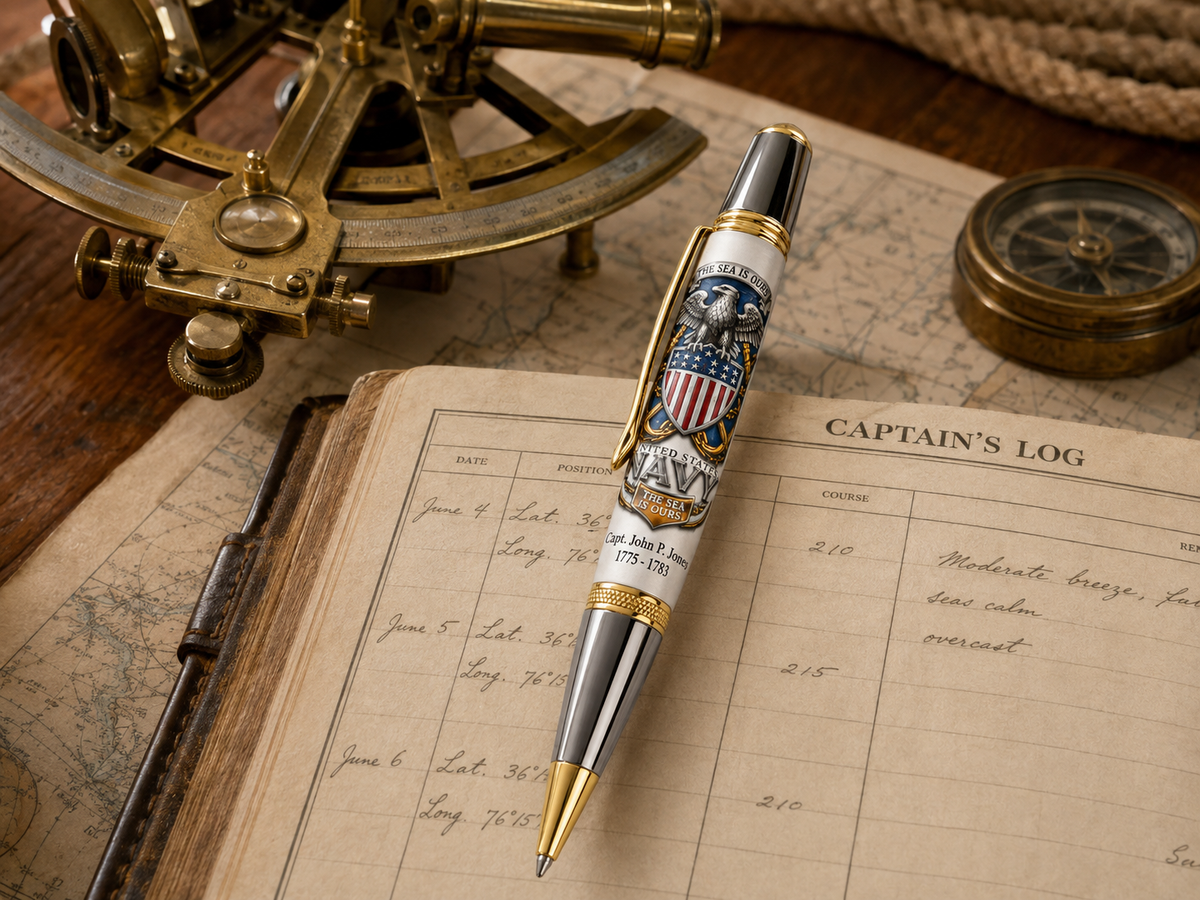 Personalized US Navy The Sea Is Ours Sierra pen on captain's desk with log and sextant