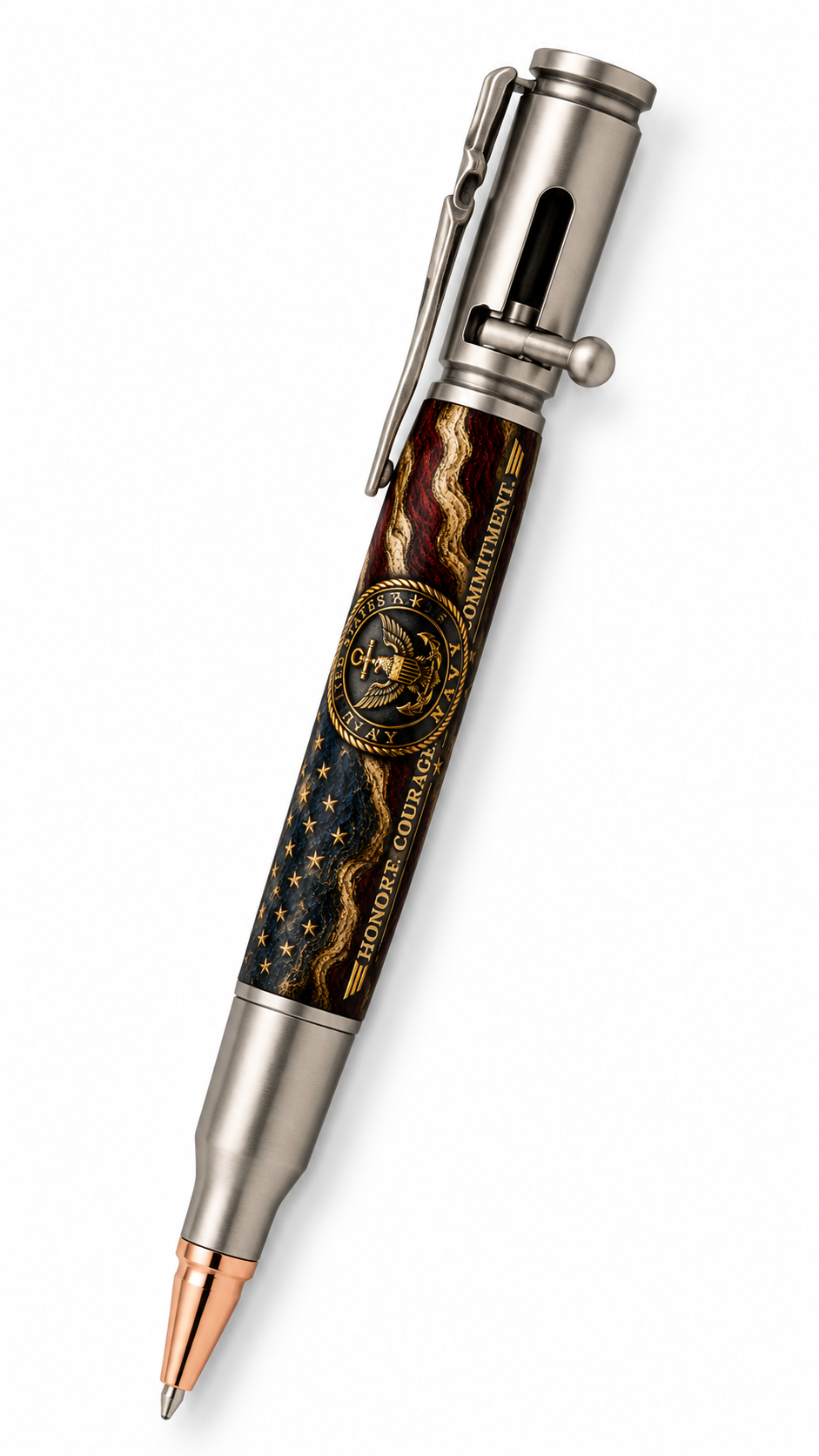 USN Honor Courage Commitment design on Bolt Action pen