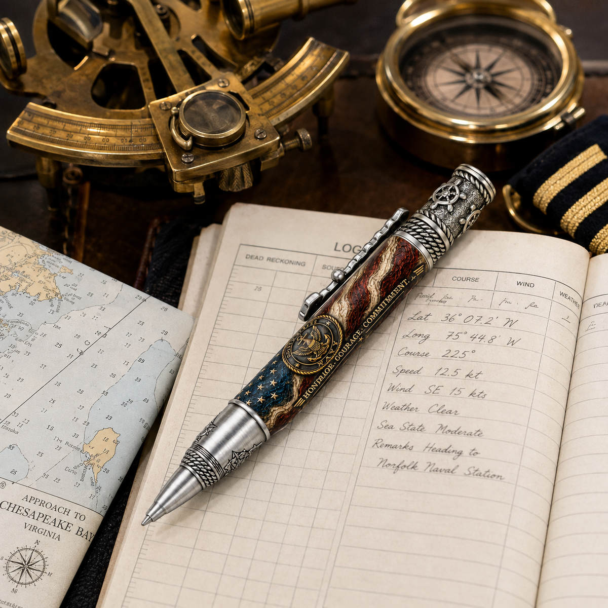 USN Honor Courage Commitment PSI Nautical pen on navigator log with sextant and nautical chart