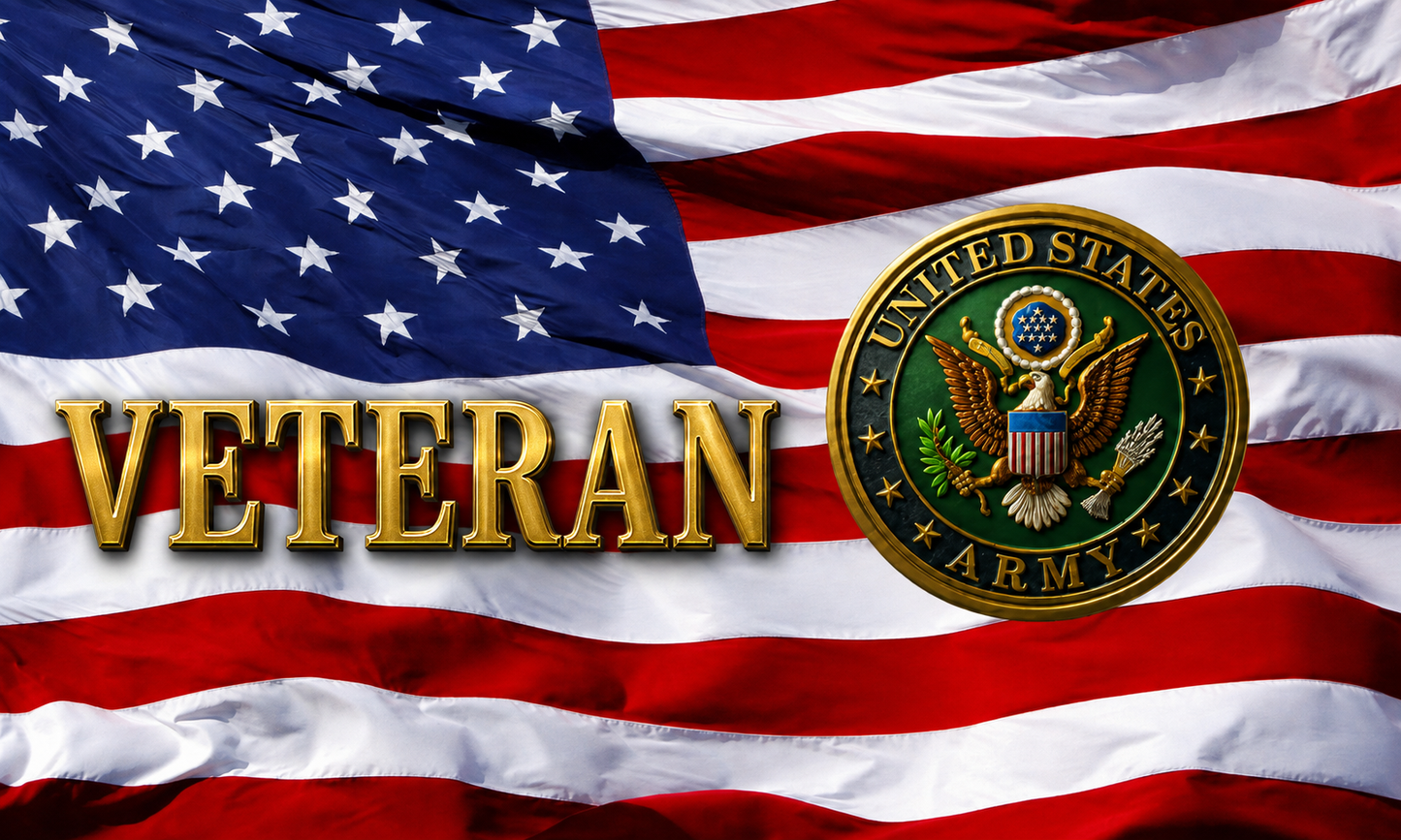 US Army Veteran Old Glory artwork with Army emblem and Veteran text