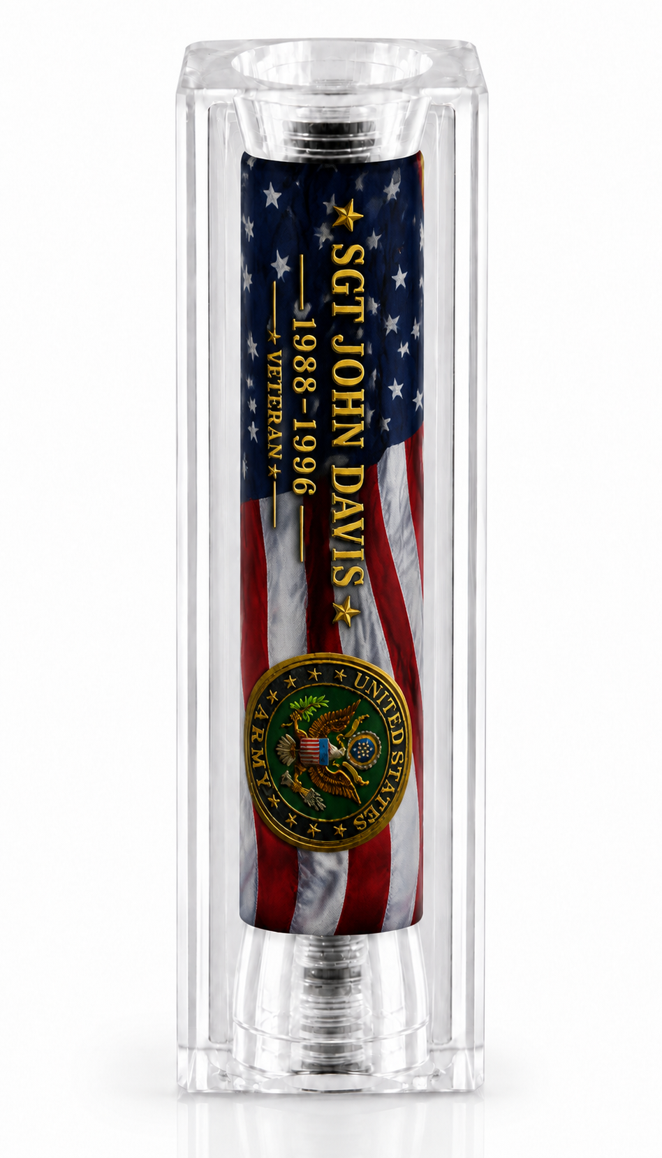 Personalized US Army Veteran Old Glory resin pen blank with rank name and years of service