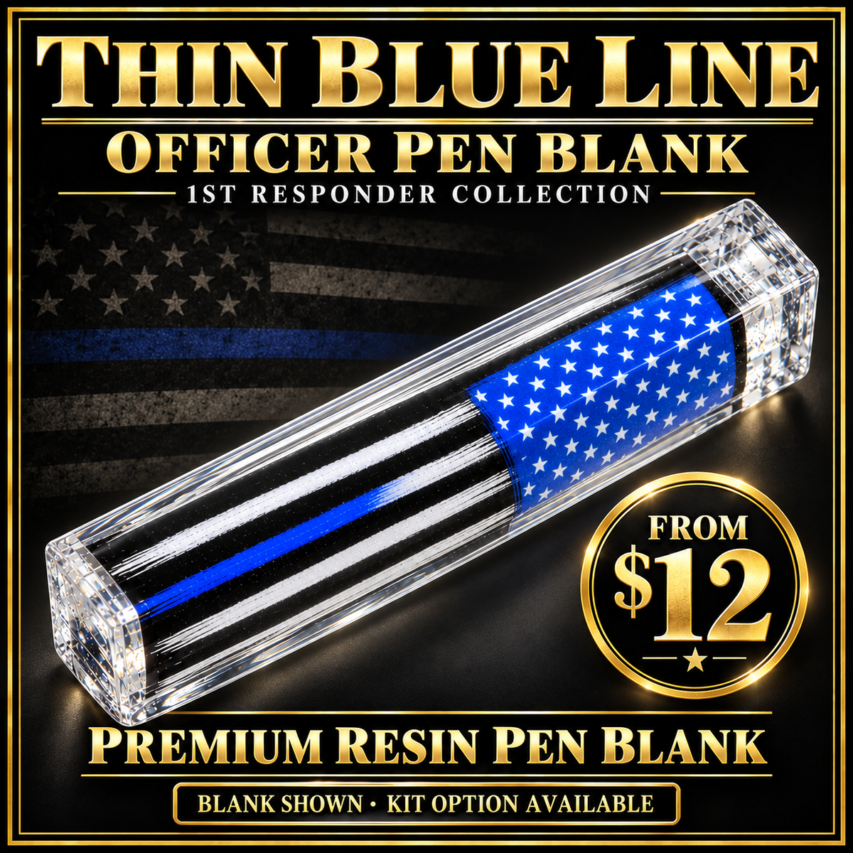 Illustrative Thin Blue Line Officer resin pen blank hero in First Responders collection style. Blank shown; kit option available.