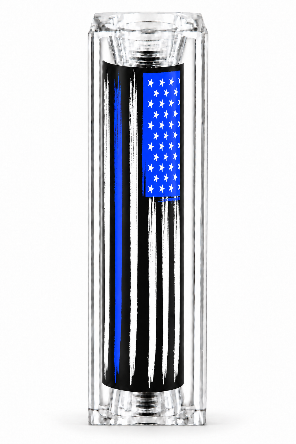 Rectangular clear resin Thin Blue Line American flag Bolt Action pen blank on white.