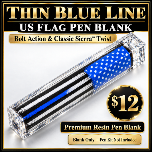 Thin Blue Line rectangular Bolt and Sierra resin pen blank hero card with $12 price and blank-only disclosure.
