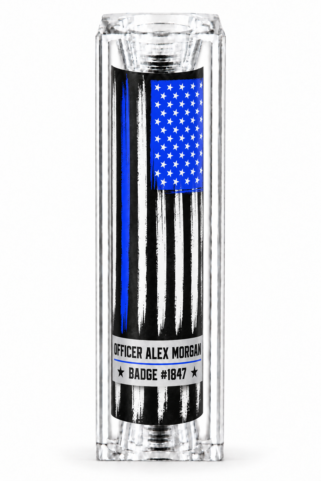 Rectangular personalized Thin Blue Line resin pen blank for Officer Alex Morgan, badge 1847.