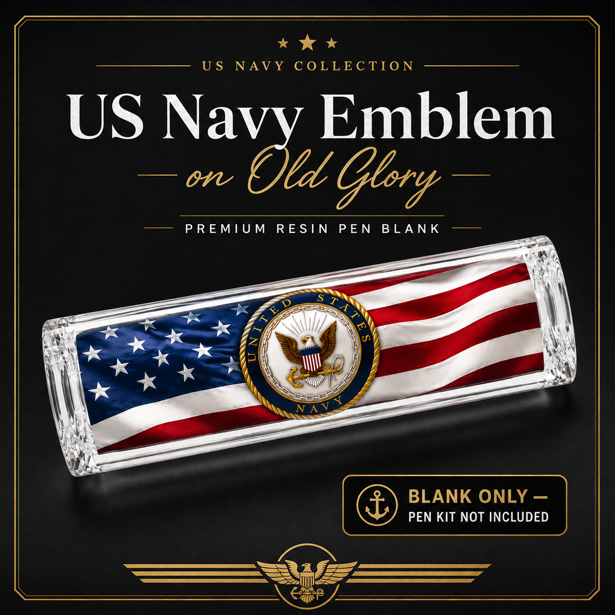 US Navy Emblem on Old Glory Resin Pen Blank